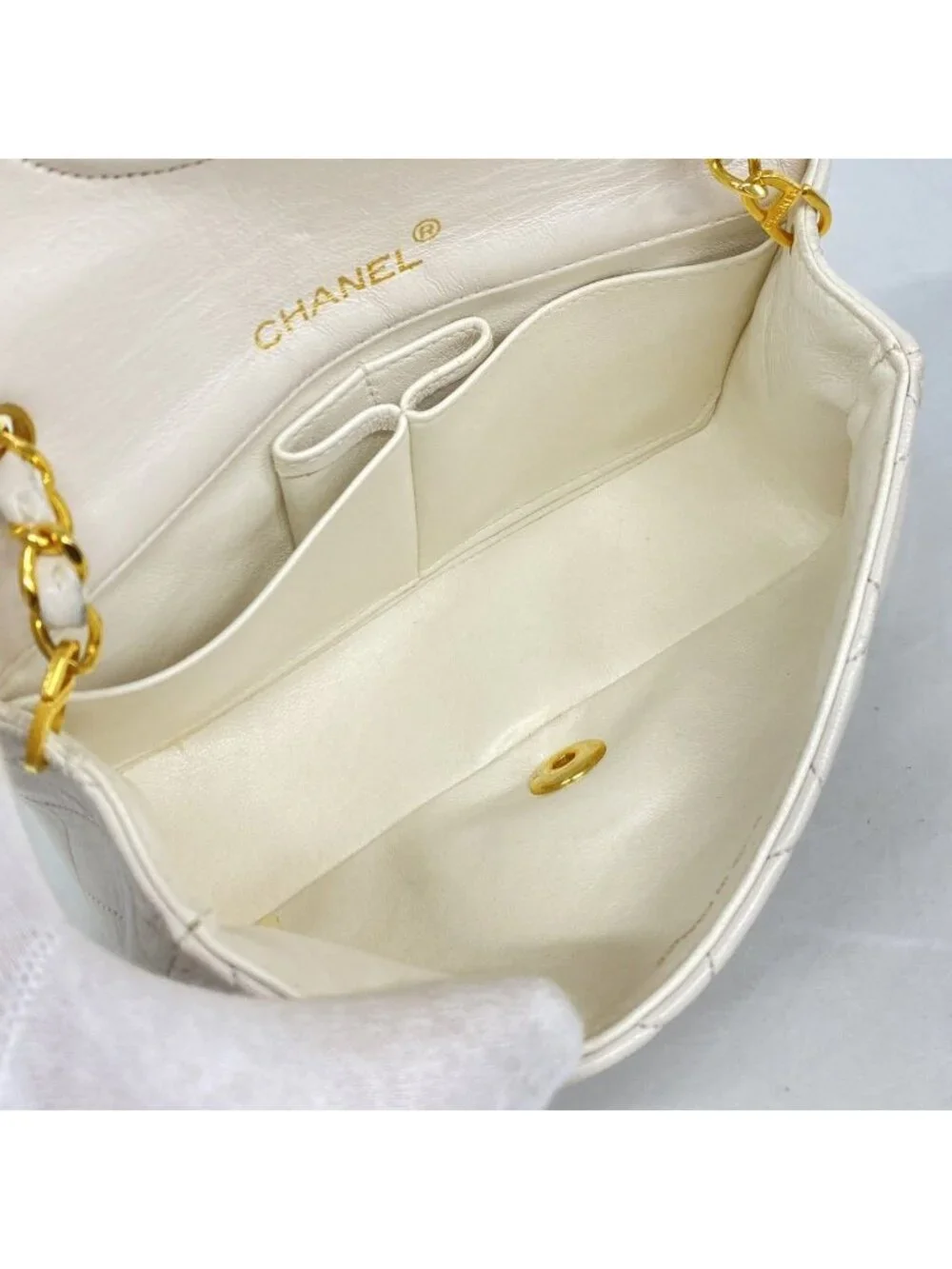 Chanel Shoulder Bag Quilted Lambskin White Gold